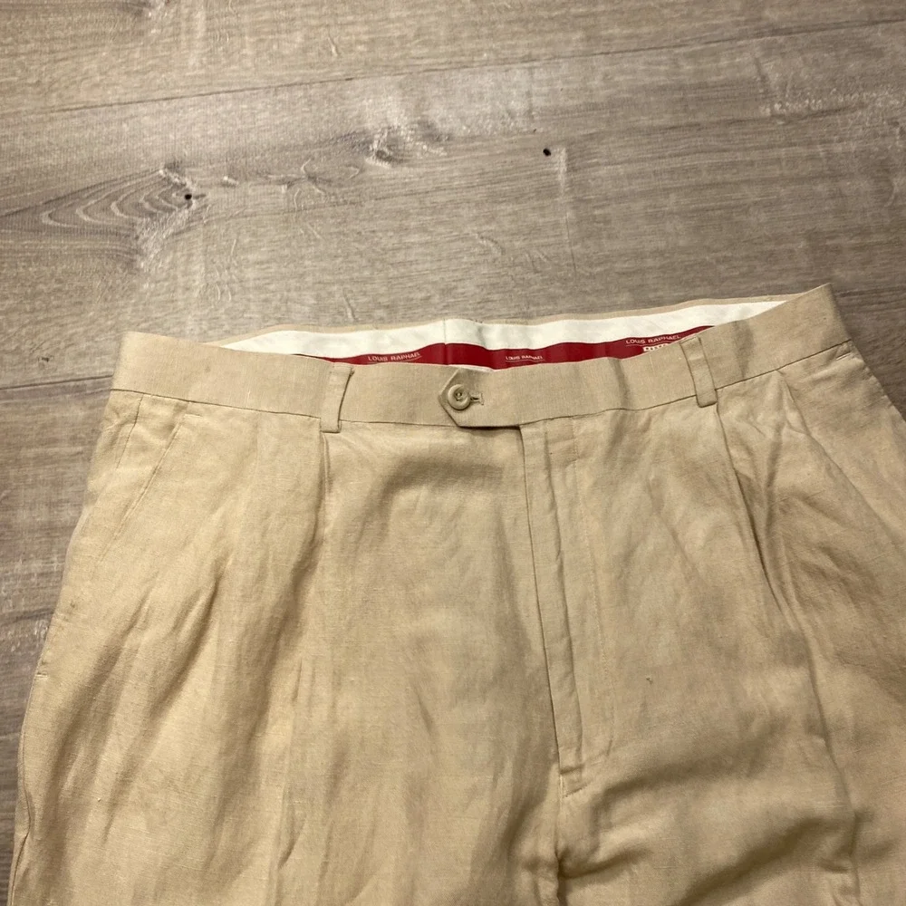 Louis Raphael  Pants Mens 38 Beige Linen Blend Pleated Cuffed Summer Beach Wide